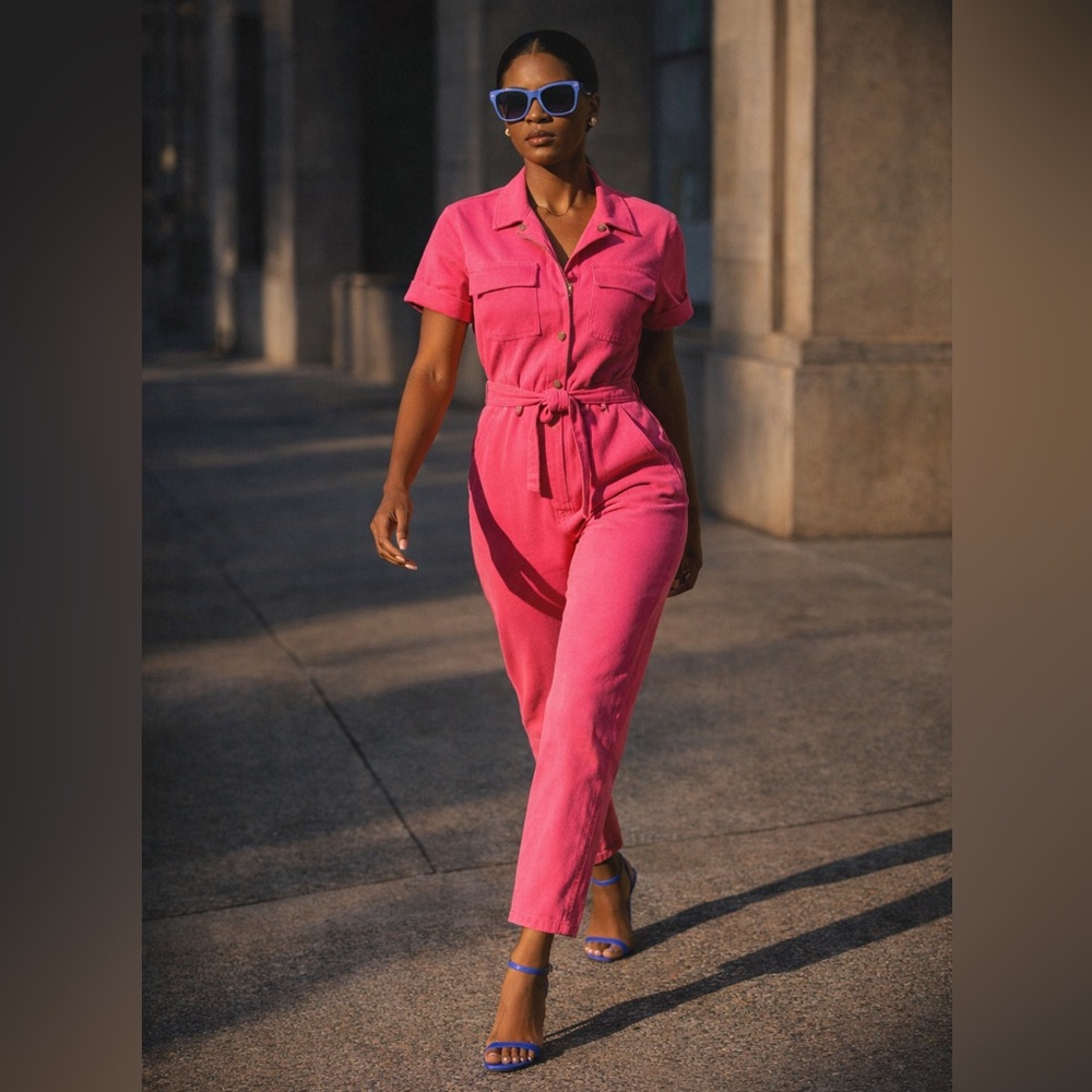 NWOT hot pink stretch denim utility jumpsuit